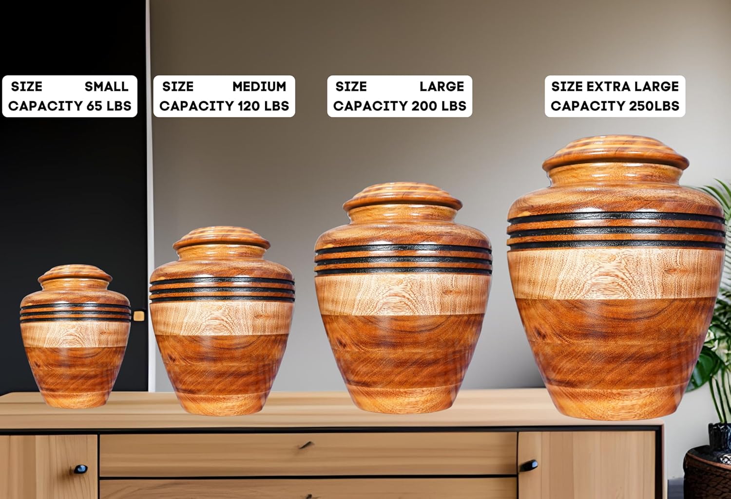 Handcrafted Wooden Cremation Urn with Black Accent Rings