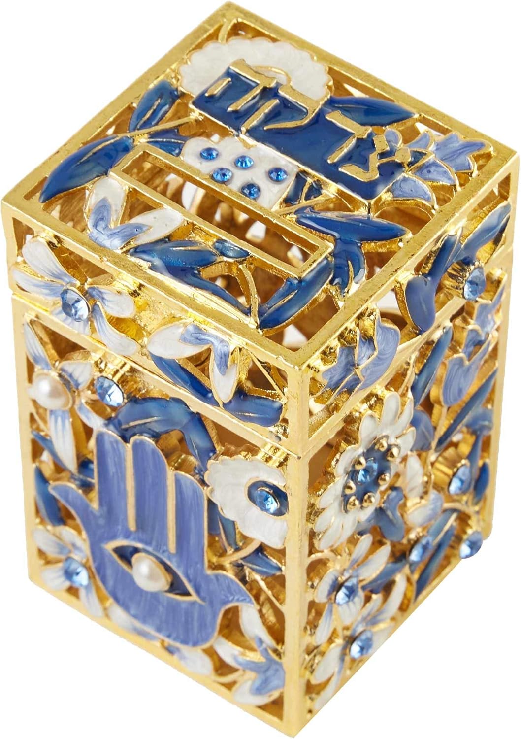 Matashi Hand Painted Enamel Tzedakah Box with Crystals and Gold Accents