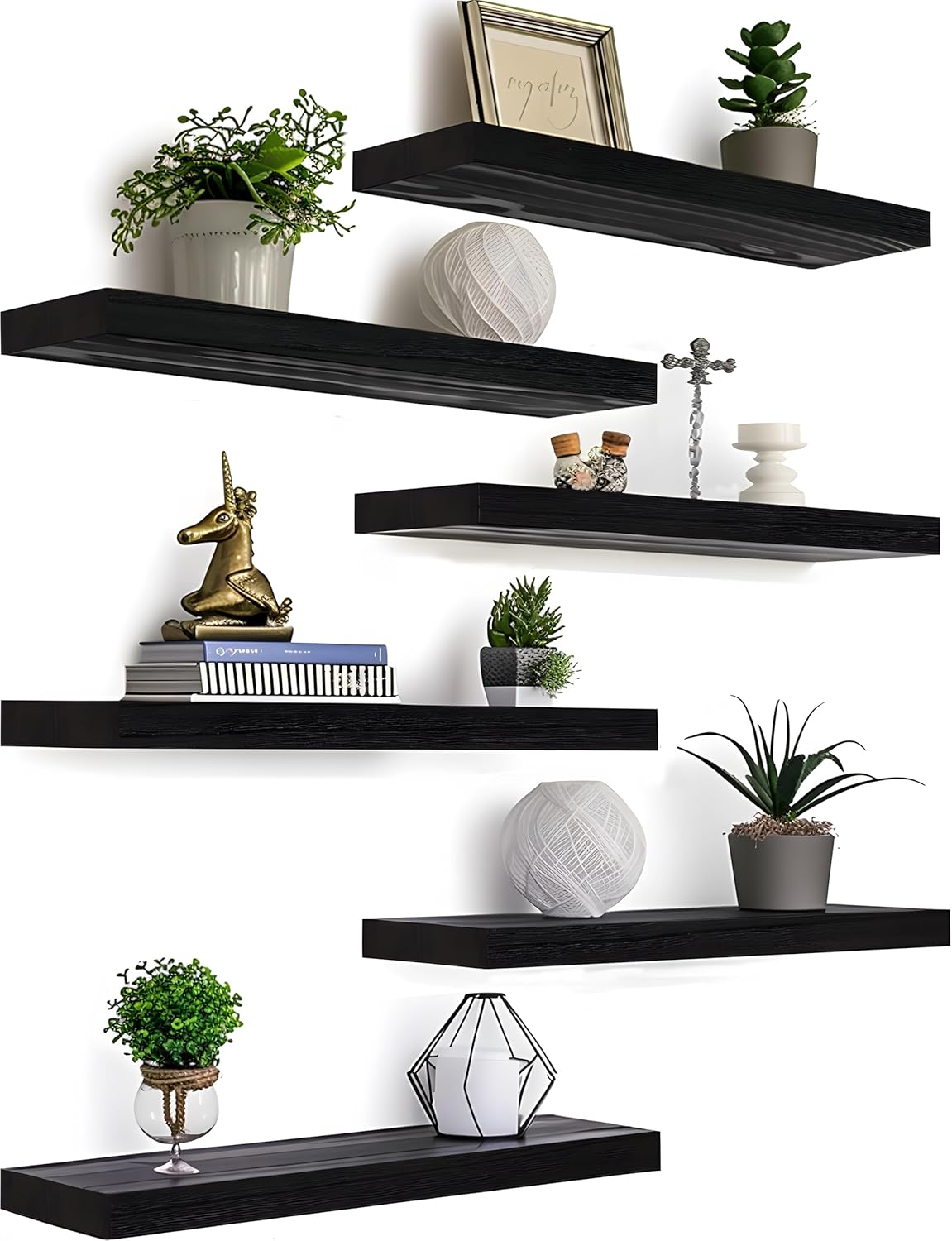 6 Piece Black Wood Floating Shelves for Wall