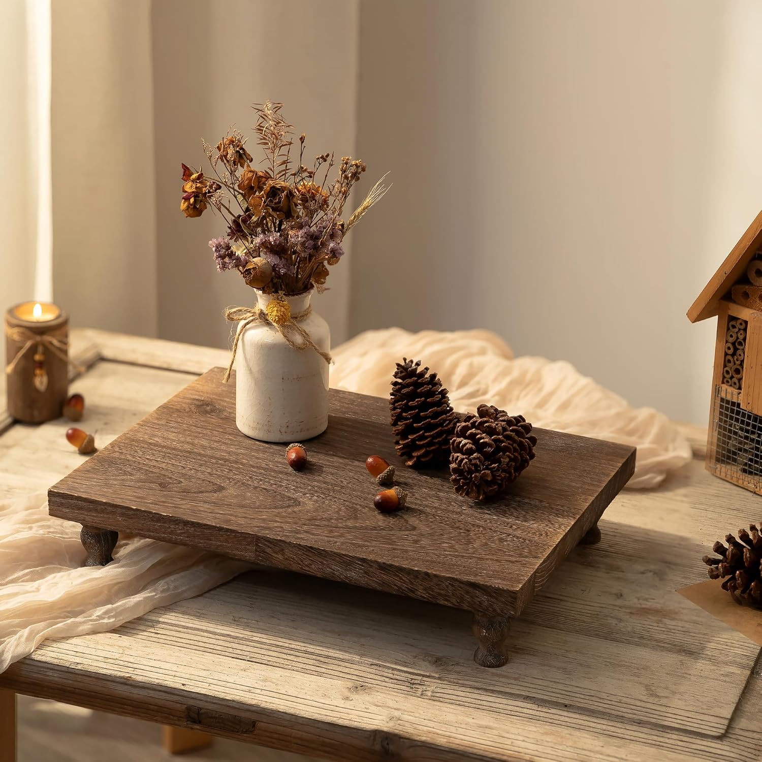 Hanobe Wooden Riser Decorative Tray with Farmhouse Style