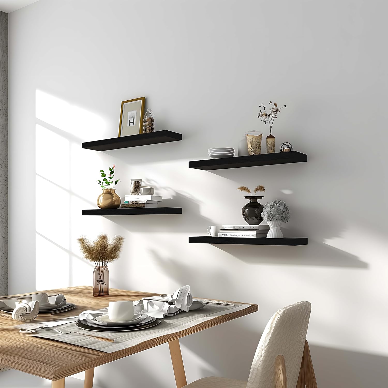 6 Piece Black Wood Floating Shelves for Wall