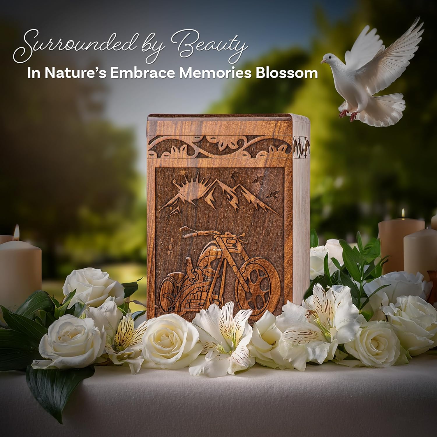 Handcarved Wooden Cremation Urn - Motorcycle Design 640lbs Capacity