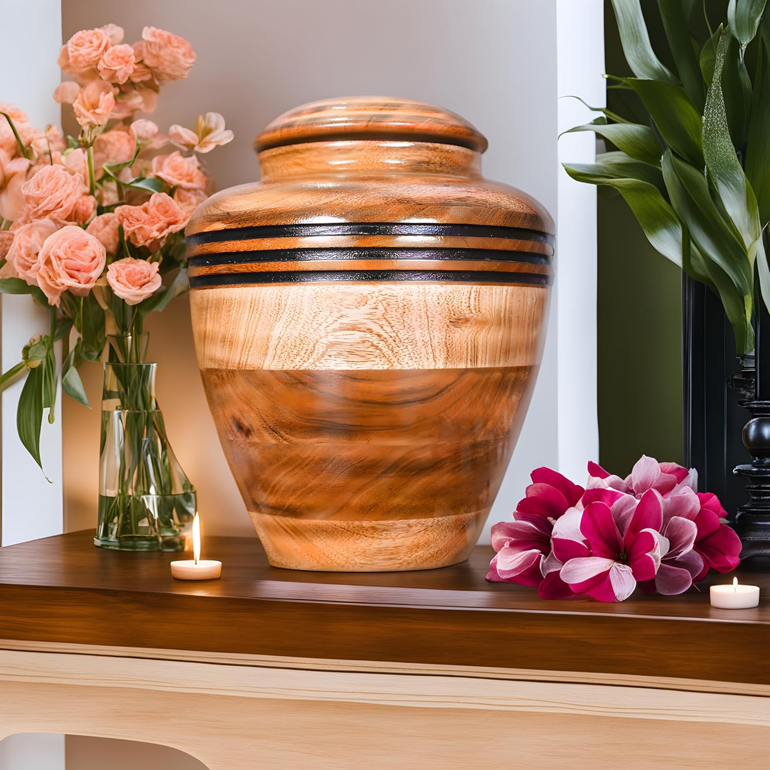 Handcrafted Wooden Cremation Urn with Black Accent Rings