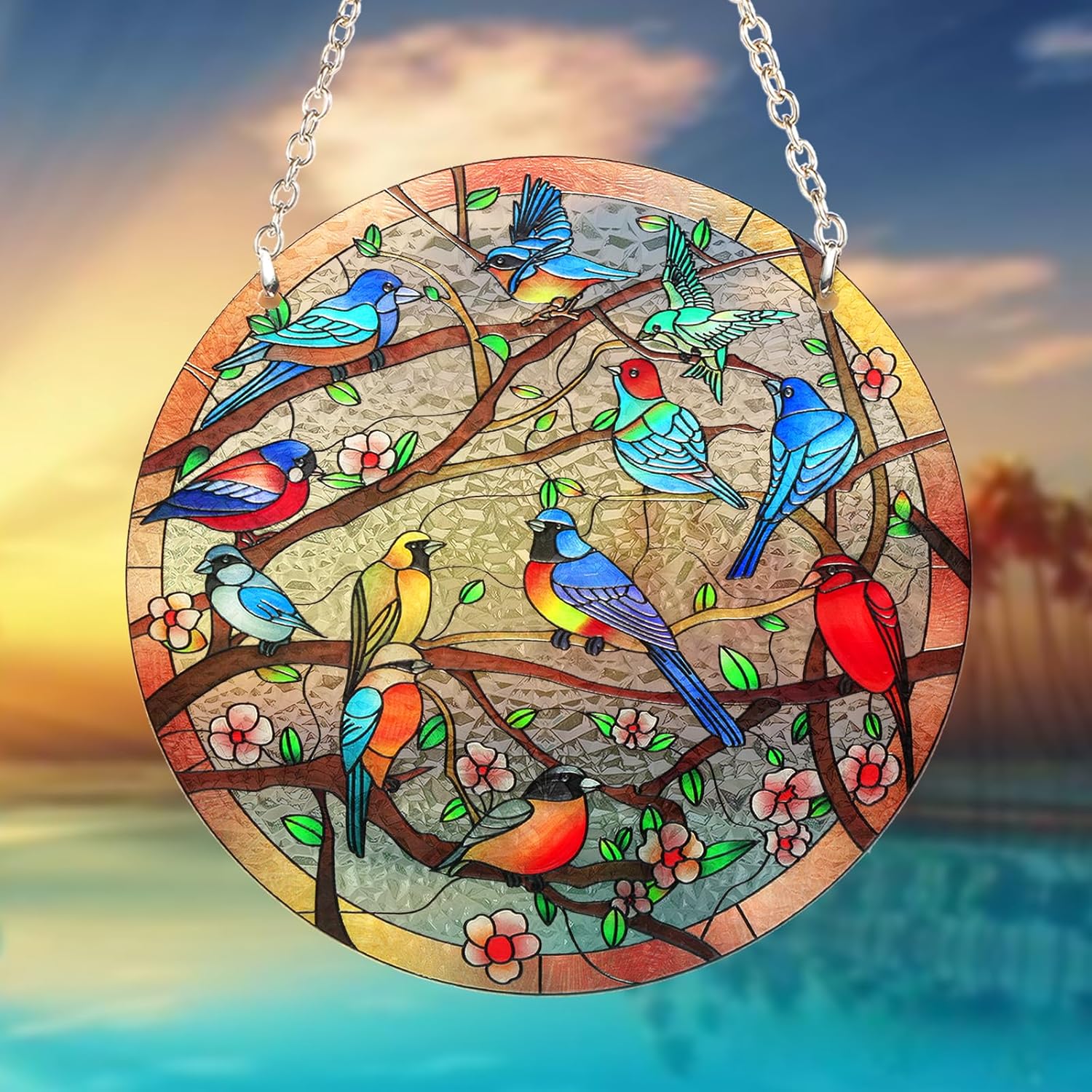 Stained Glass Window Hanging Suncatcher 6 Inch Birds on Branch