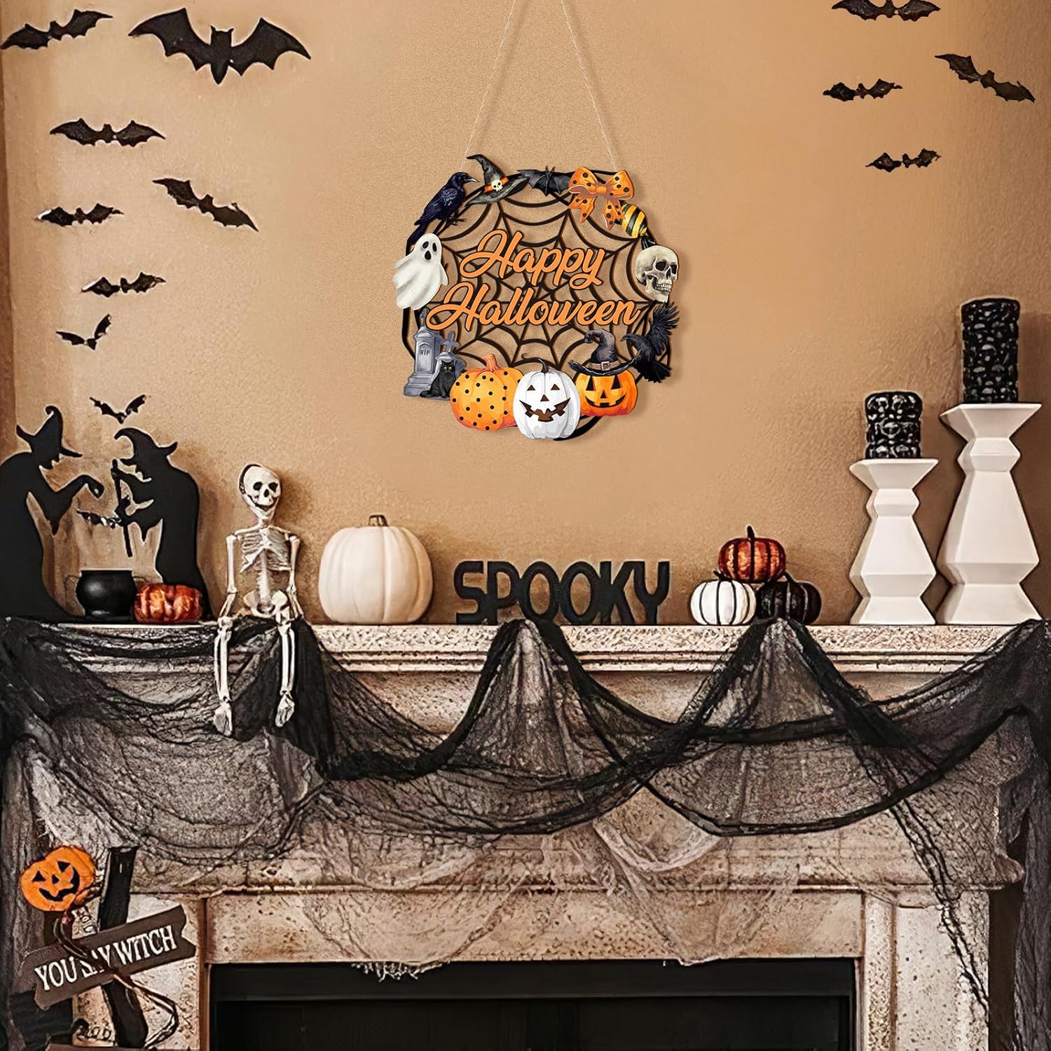 Sophena Halloween Decor Wooden Ghost Door Wreath