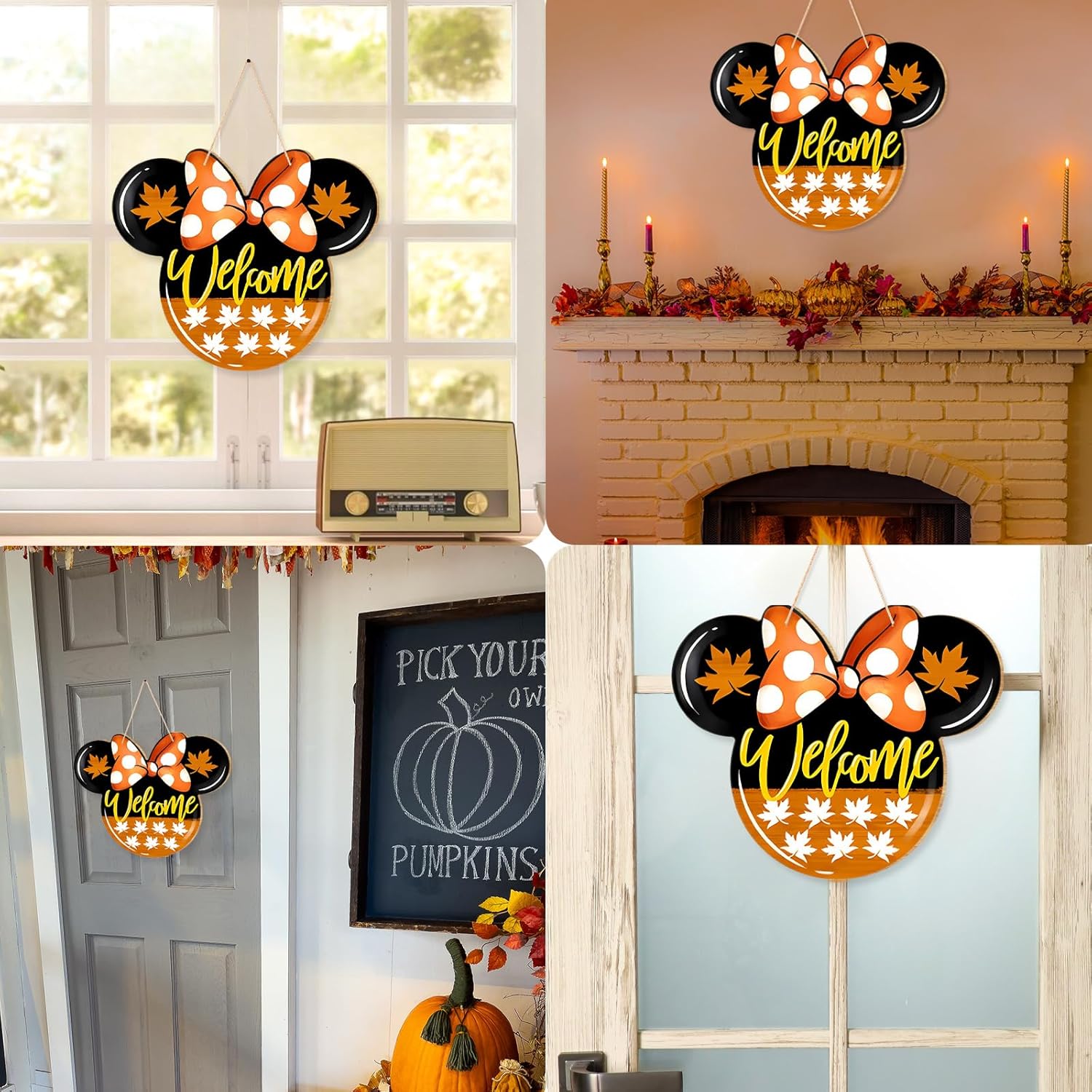 Fall Door Welcome Mouse Sign with Maple Leaves