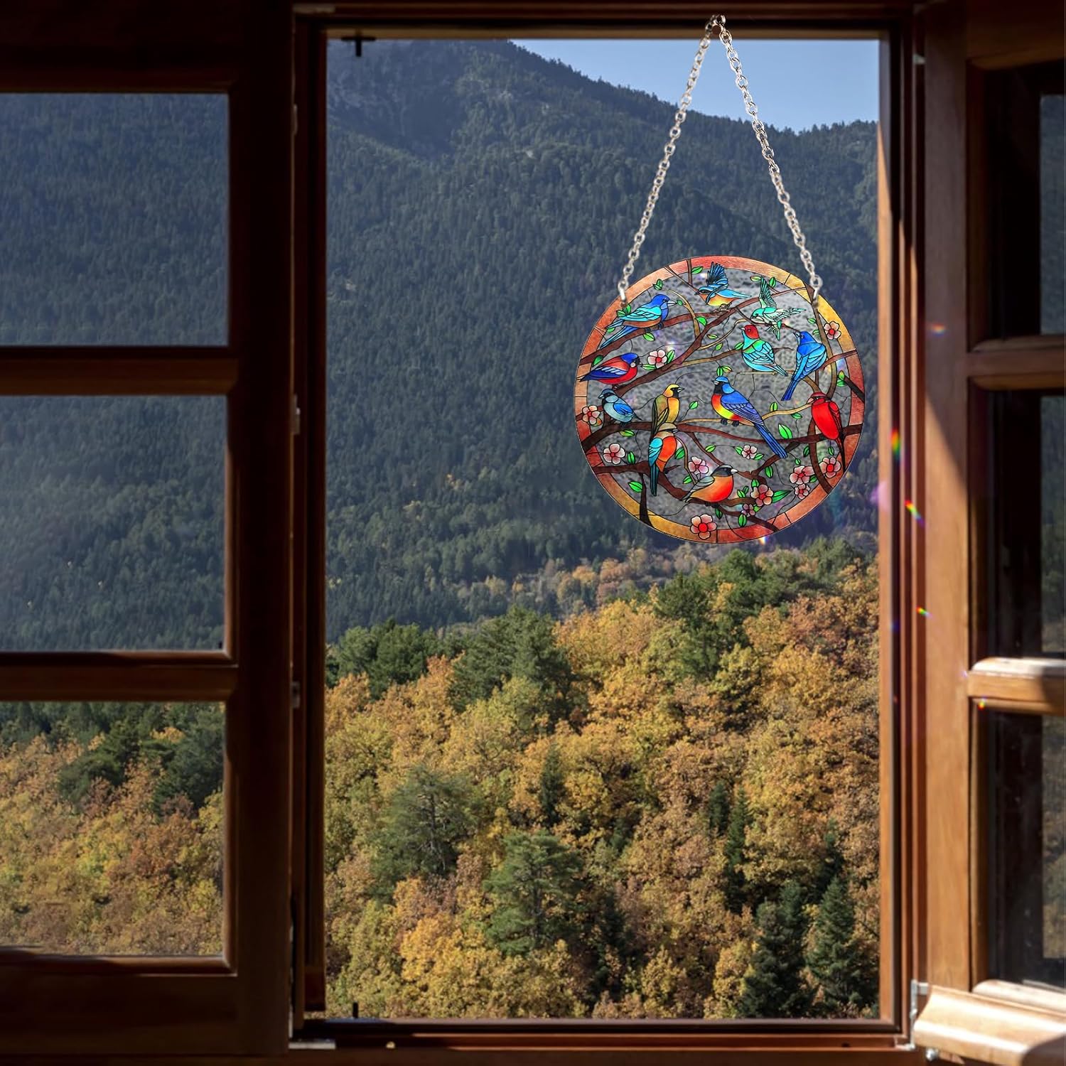 Stained Glass Window Hanging Suncatcher 6 Inch Birds on Branch