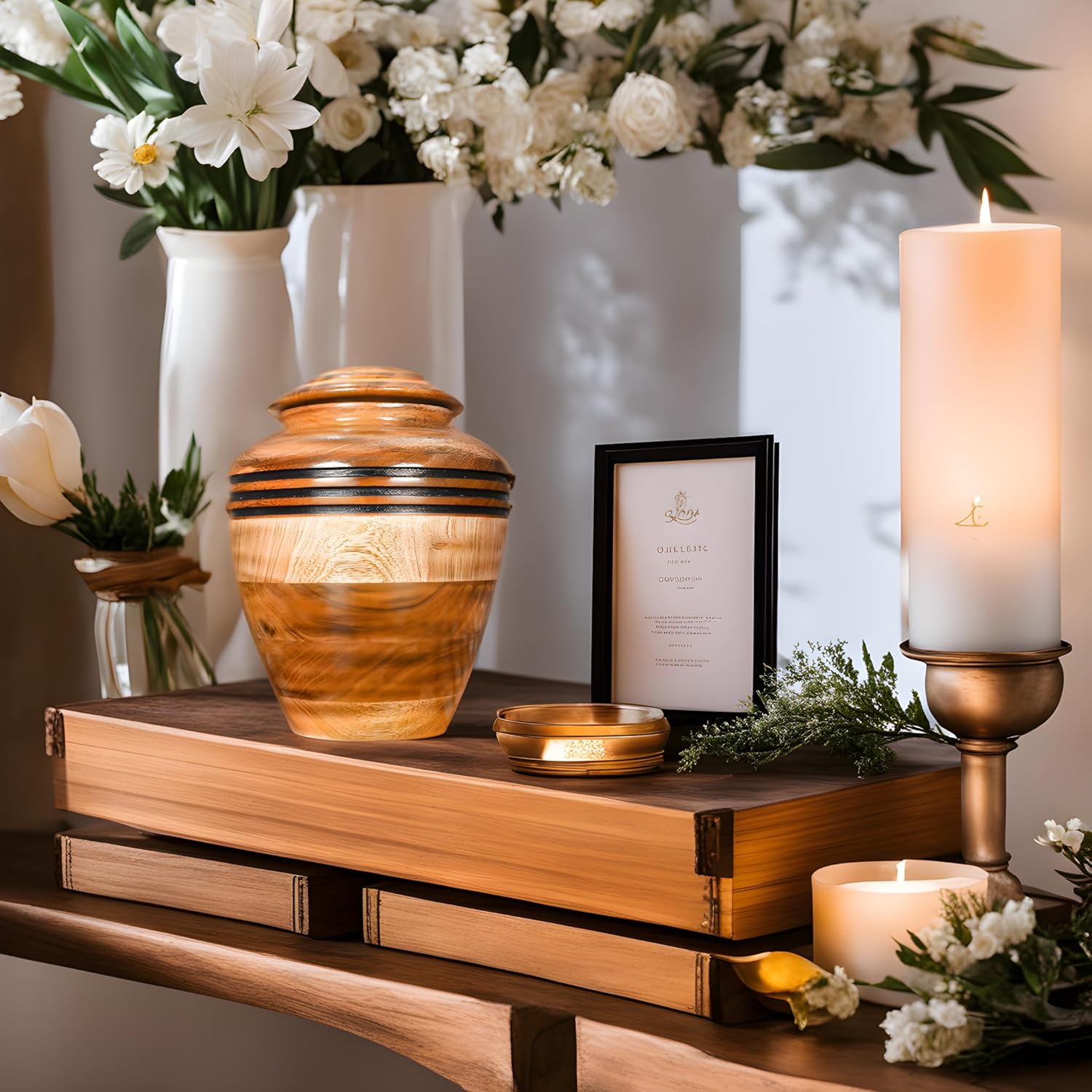 Handcrafted Wooden Cremation Urn with Black Accent Rings