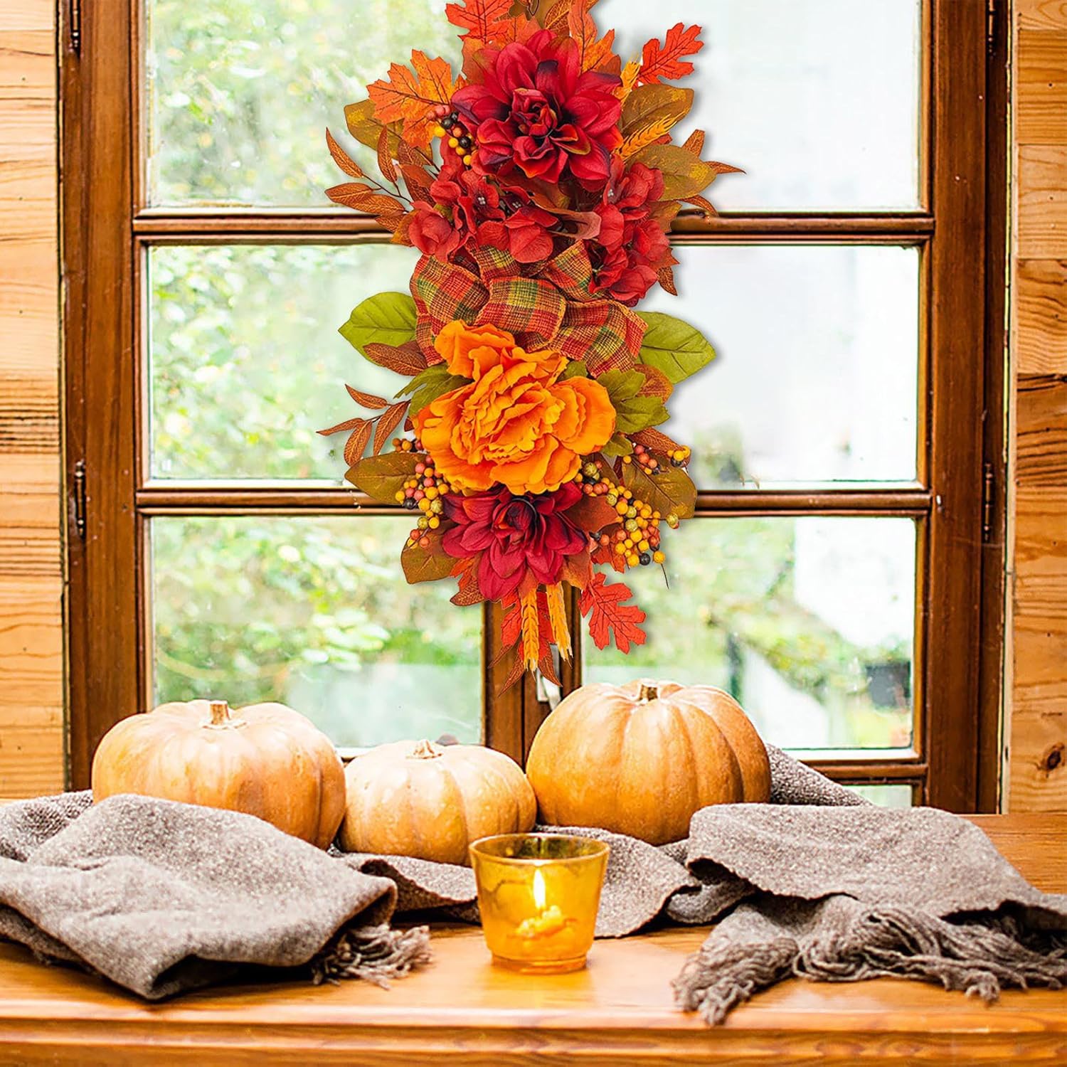 Artificial Peony Fall Decor Swag with Maple Leaves
