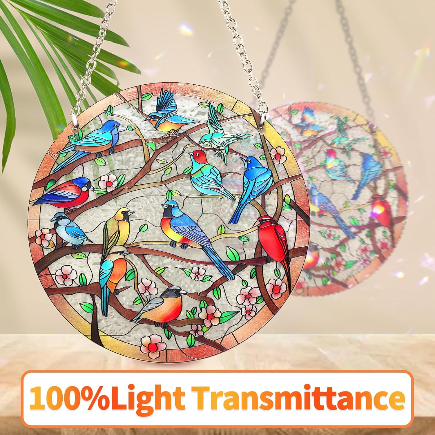 Stained Glass Window Hanging Suncatcher 6 Inch Birds on Branch
