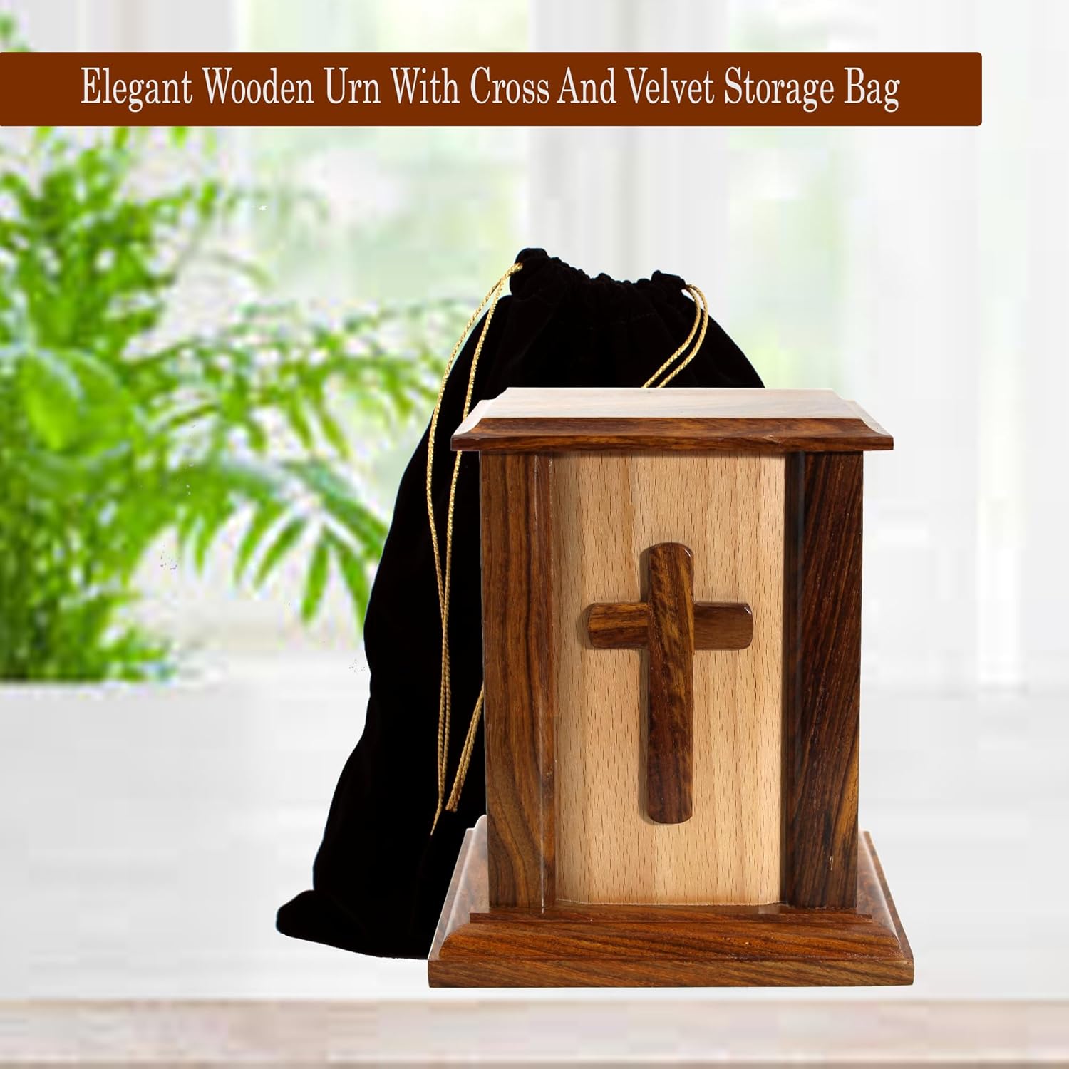 Handcrafted Wooden Memorial Urn with Cross for Human Ashes