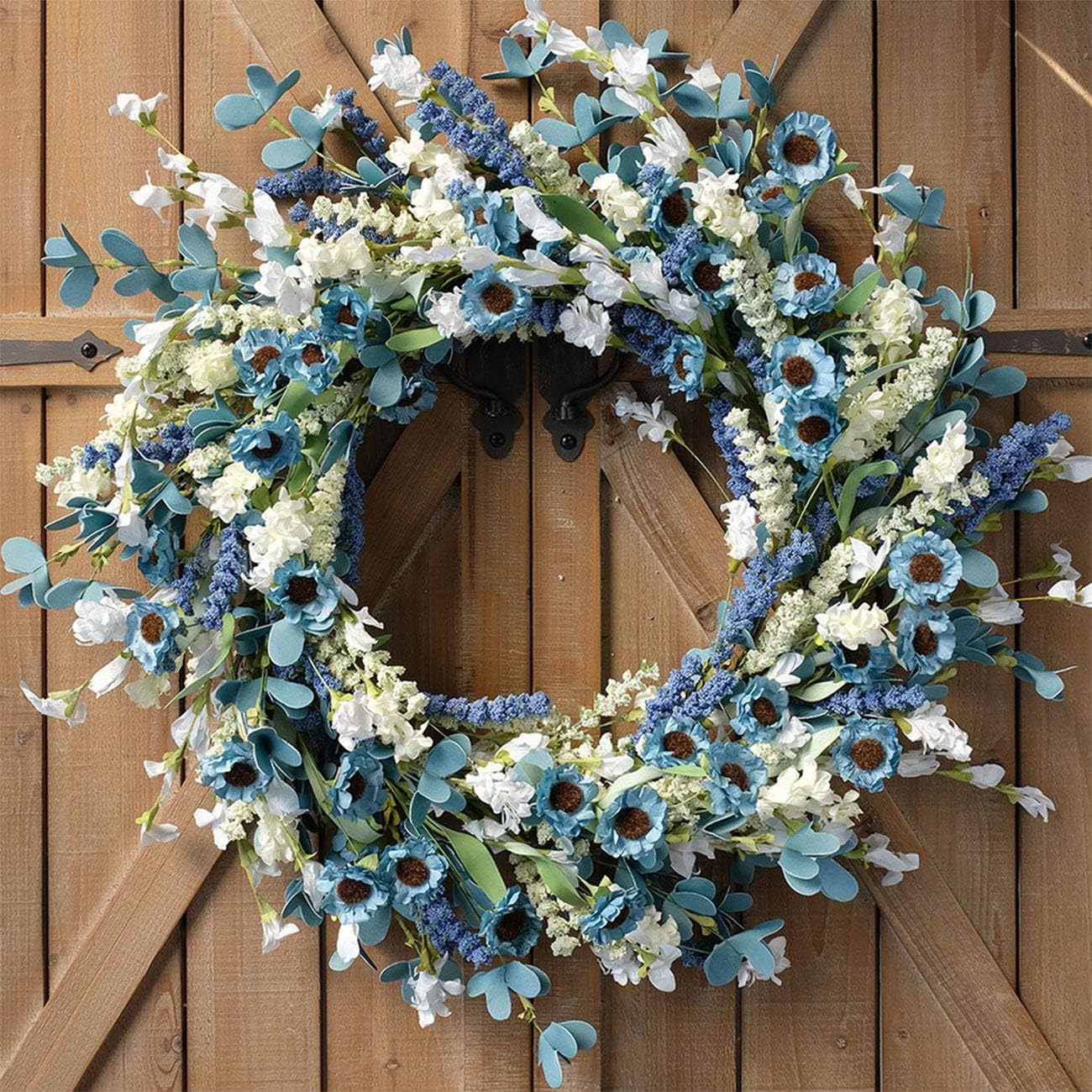 Bibelot 20 Inch Blue Daisy Spring Wreath with Green Leaves