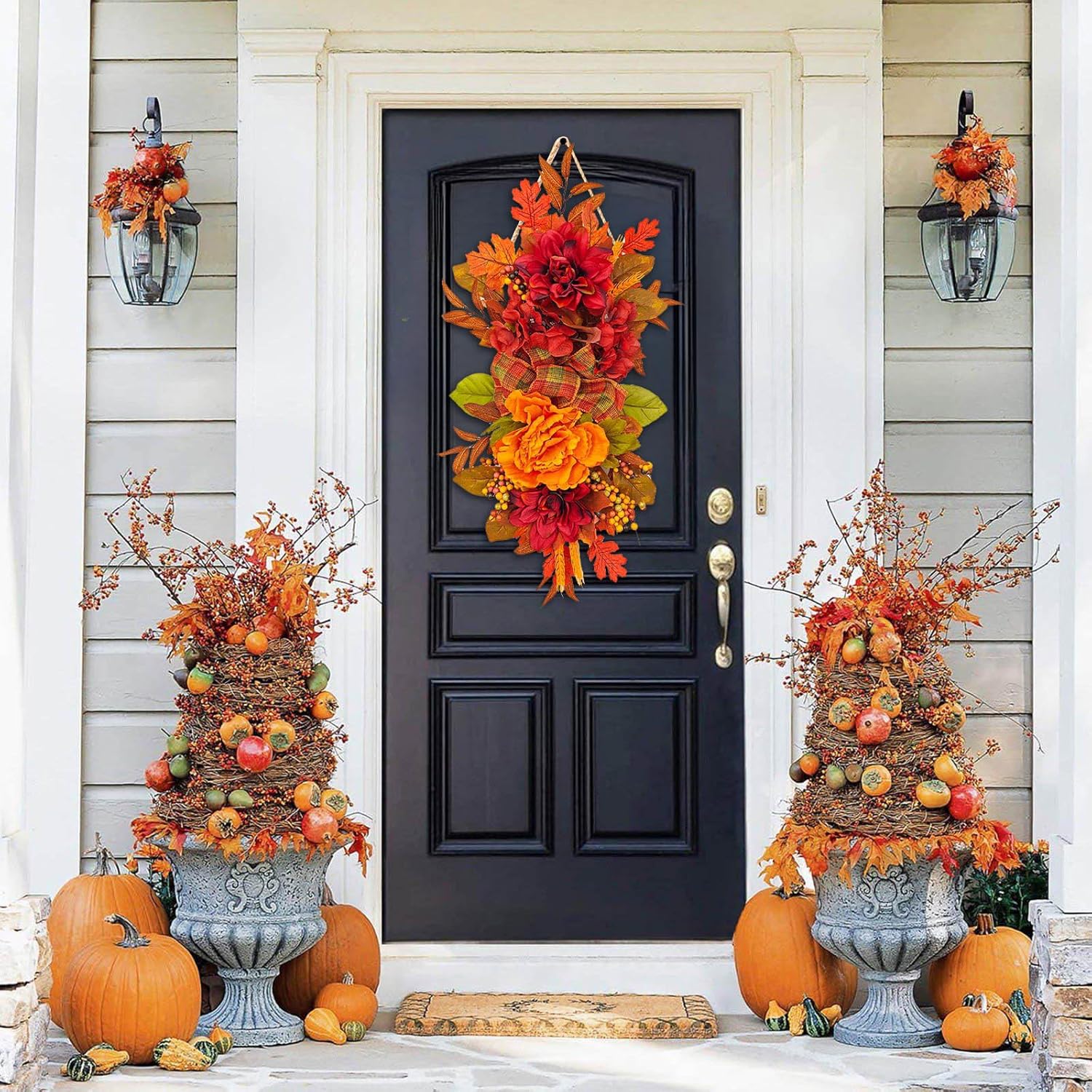 Artificial Peony Fall Decor Swag with Maple Leaves