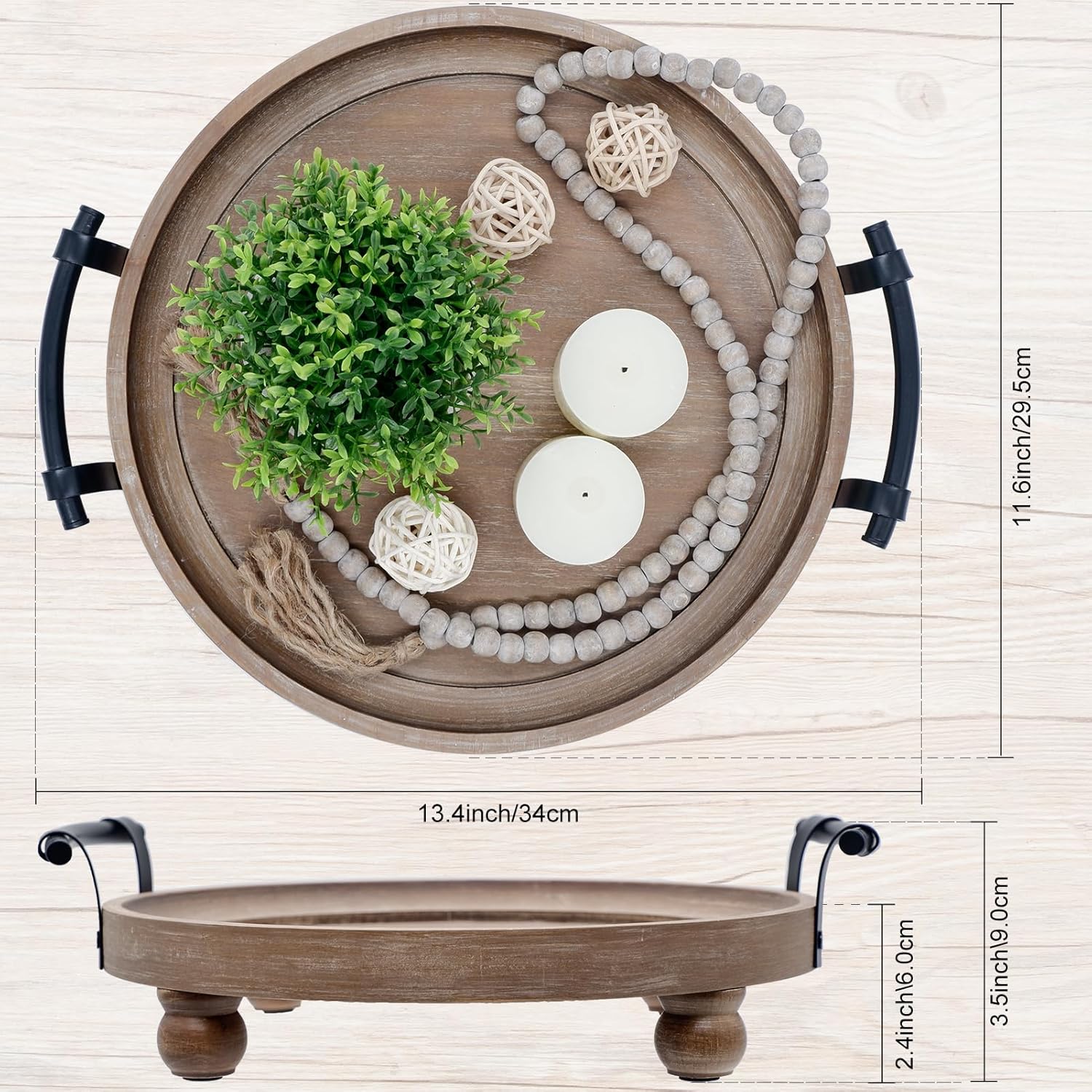 TOOLTENG Round Wooden Serving Tray with Handles
