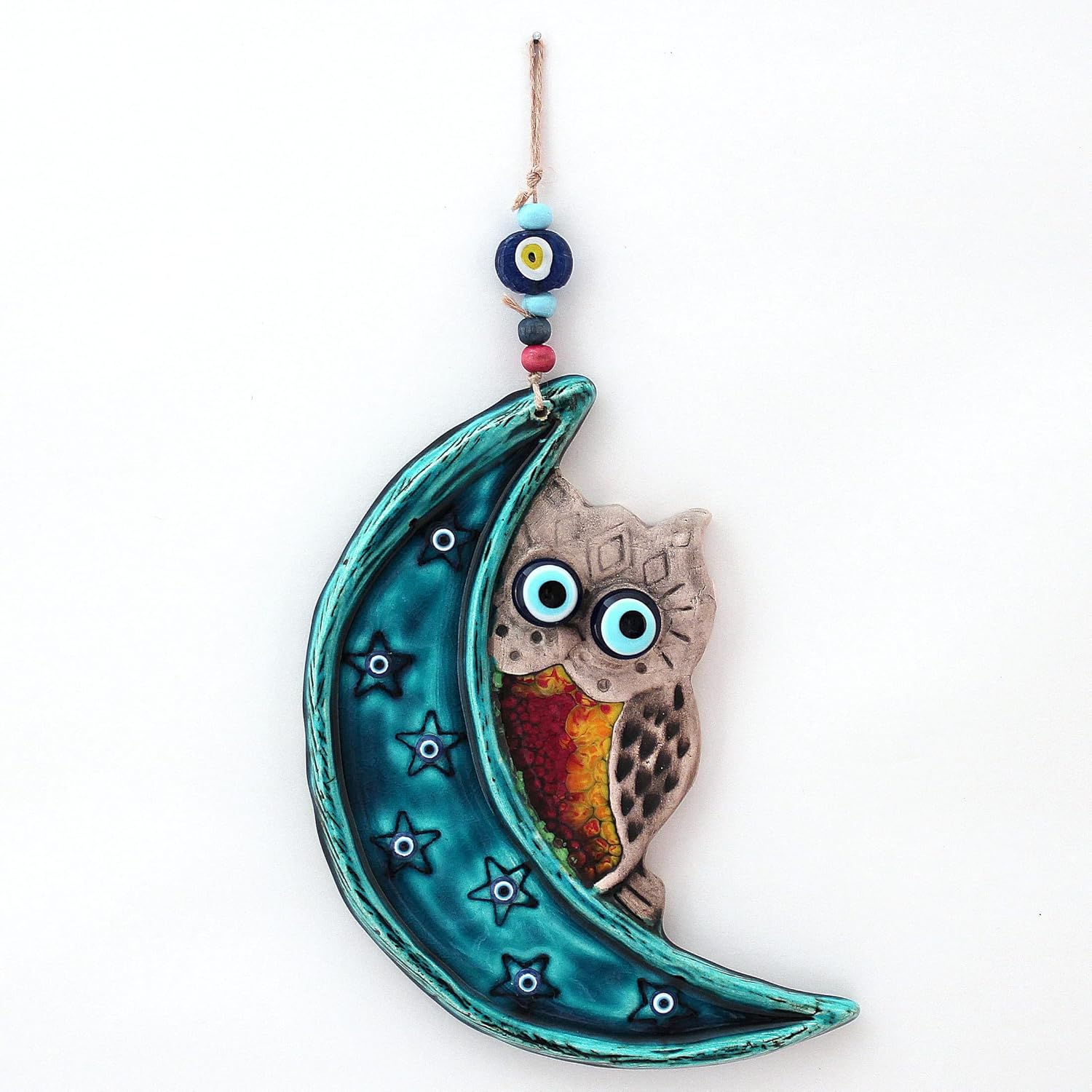 Handmade Ceramic Wall Art Owl Behind the Moon with Evil Eye