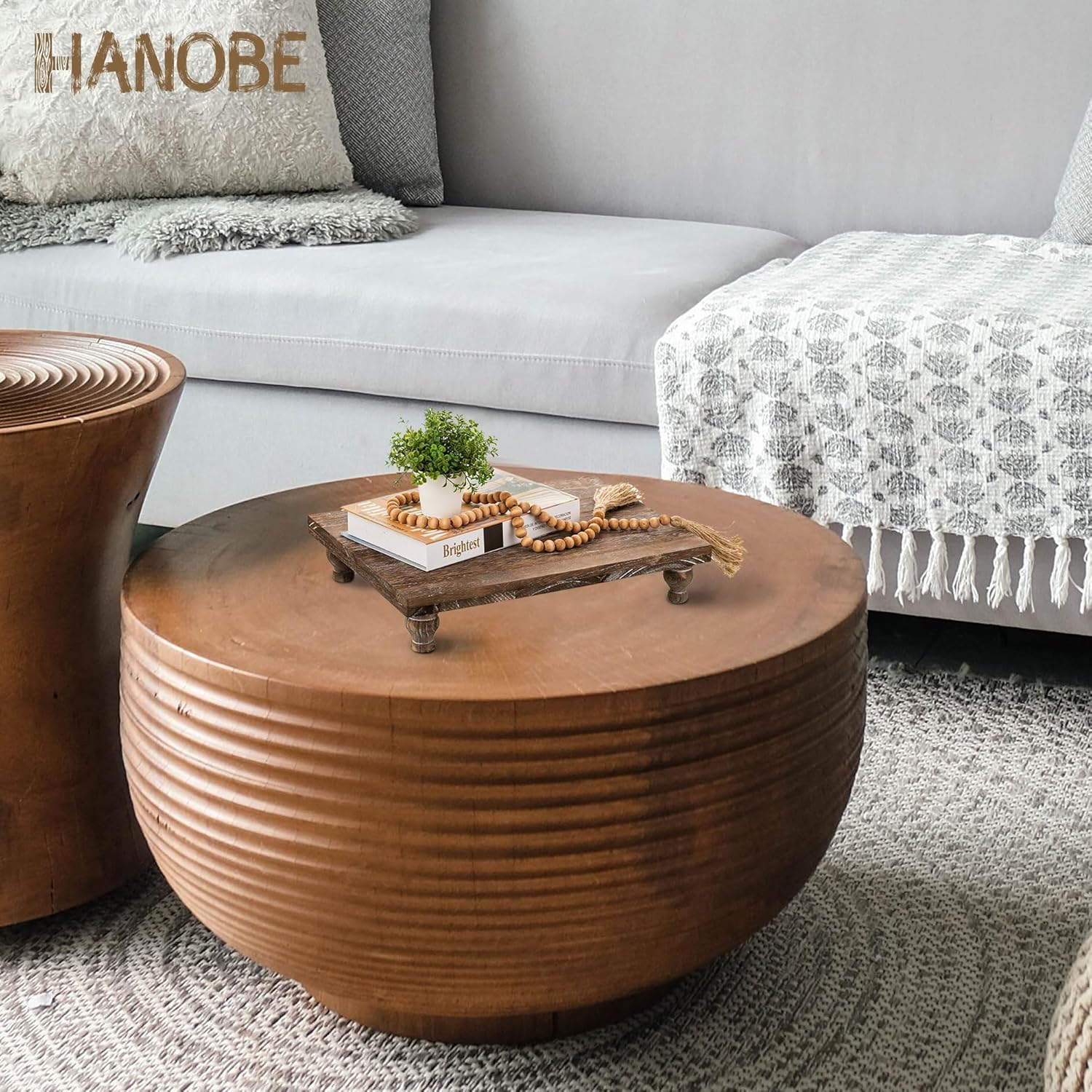 Hanobe Wooden Riser Decorative Tray with Farmhouse Style
