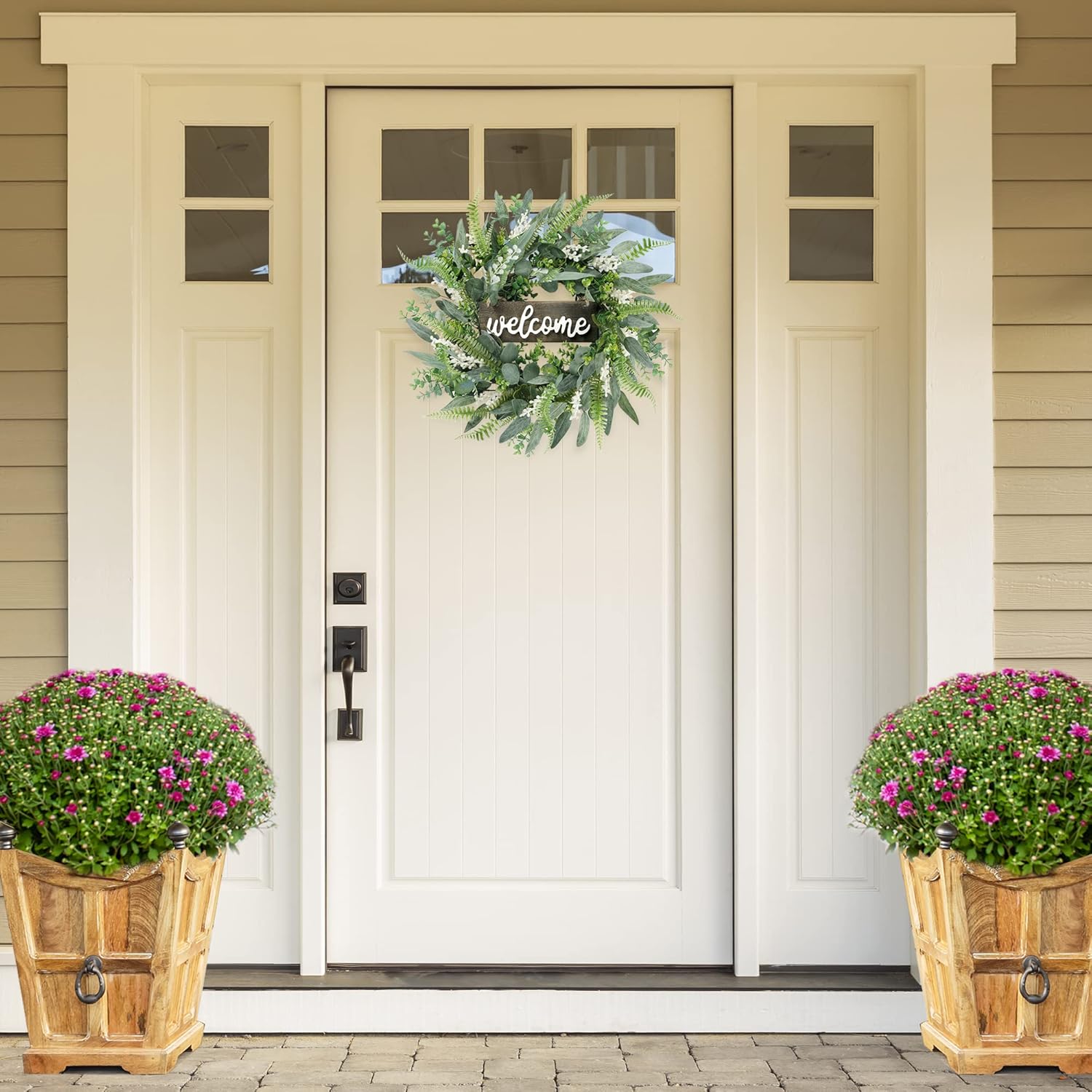 Sggvecsy Green Artificial Wreath with Welcome Sign 20in Decor