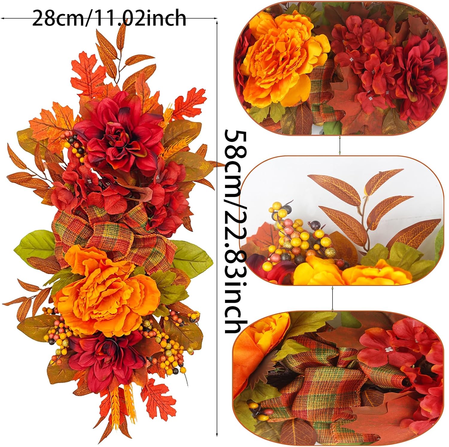 Artificial Peony Fall Decor Swag with Maple Leaves