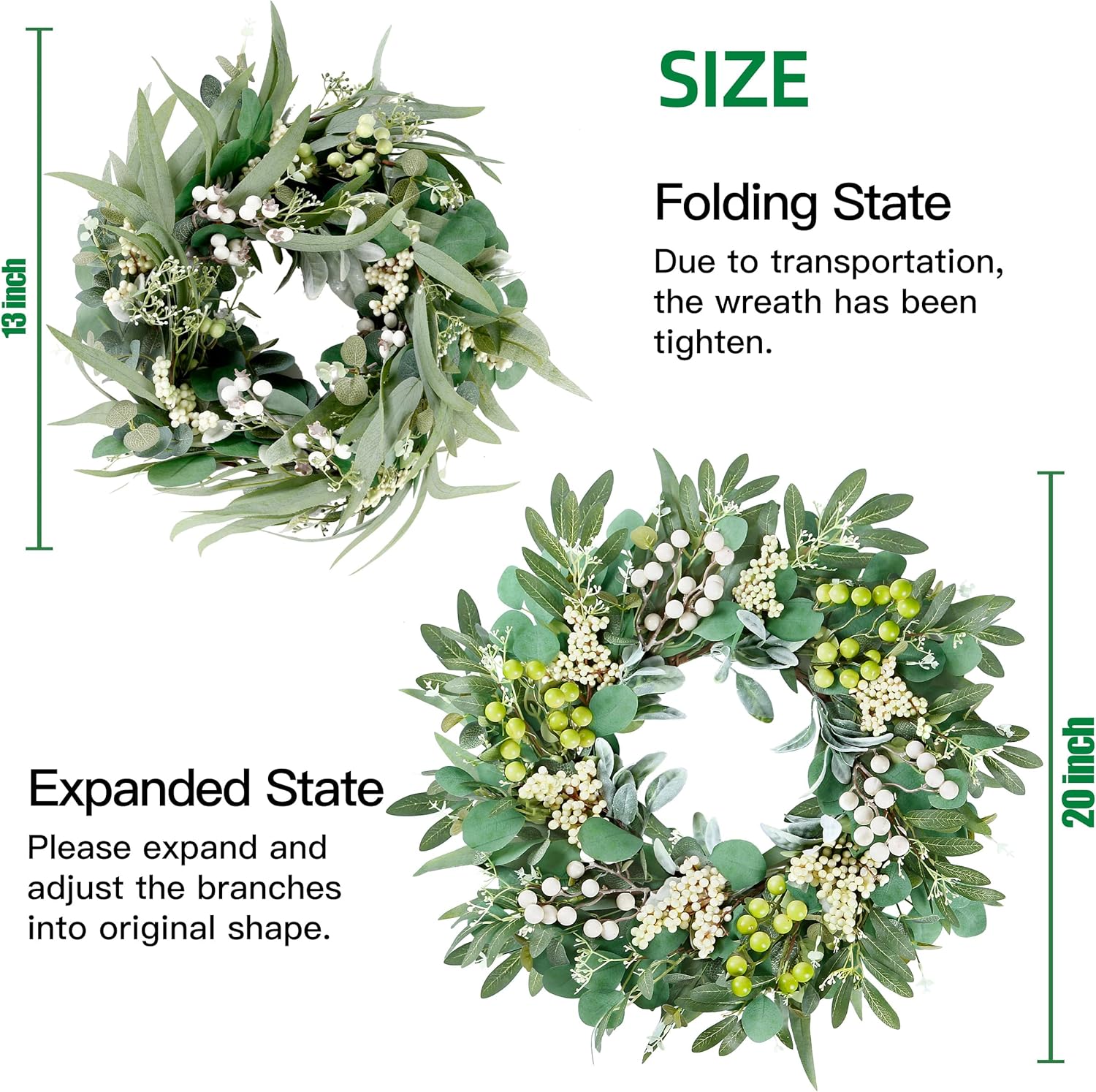 Sggvecsy 20 Inch Artificial Eucalyptus Wreath with Greenery and Berries