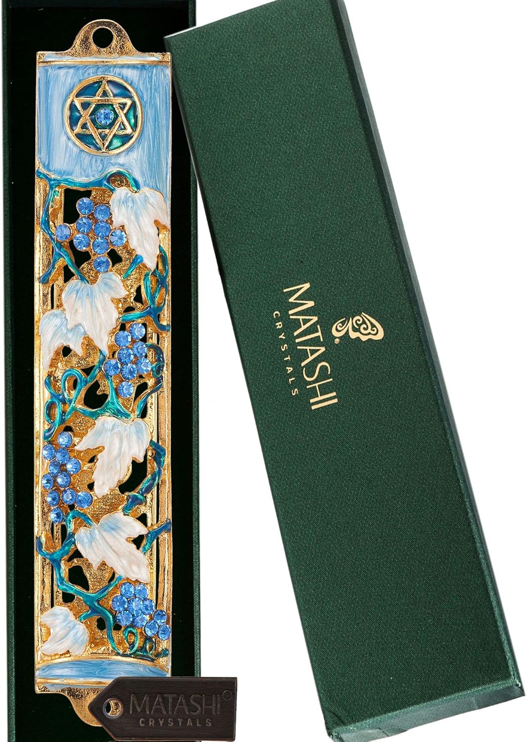 Matashi 6 Inch Hand Painted Mezuzah with Gold and Crystal Accents