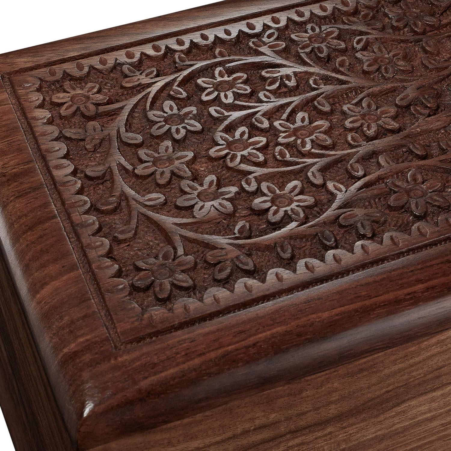 Reminded Rosewood Hand-Carved Floral Urn Box - Medium