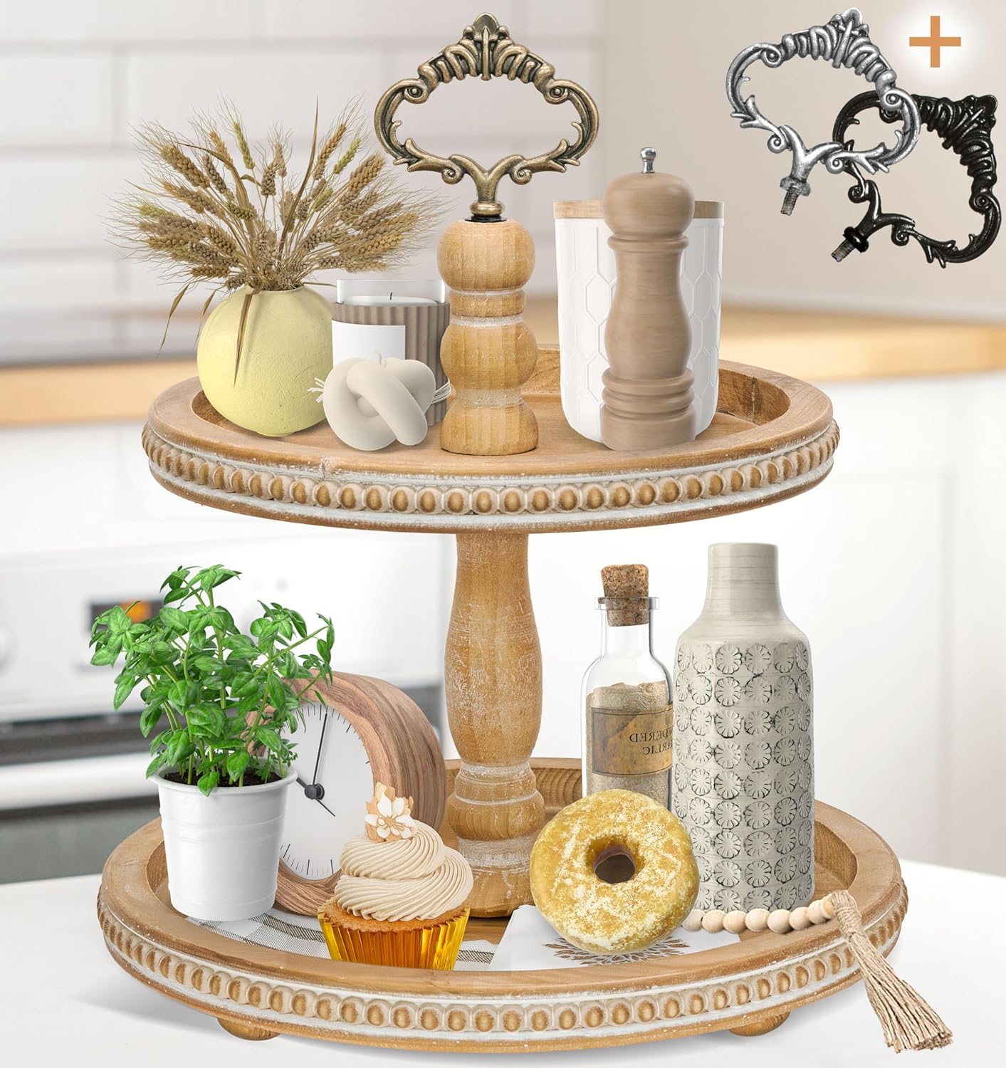 2 Tiered Wooden Serving Stand with Custom Handles