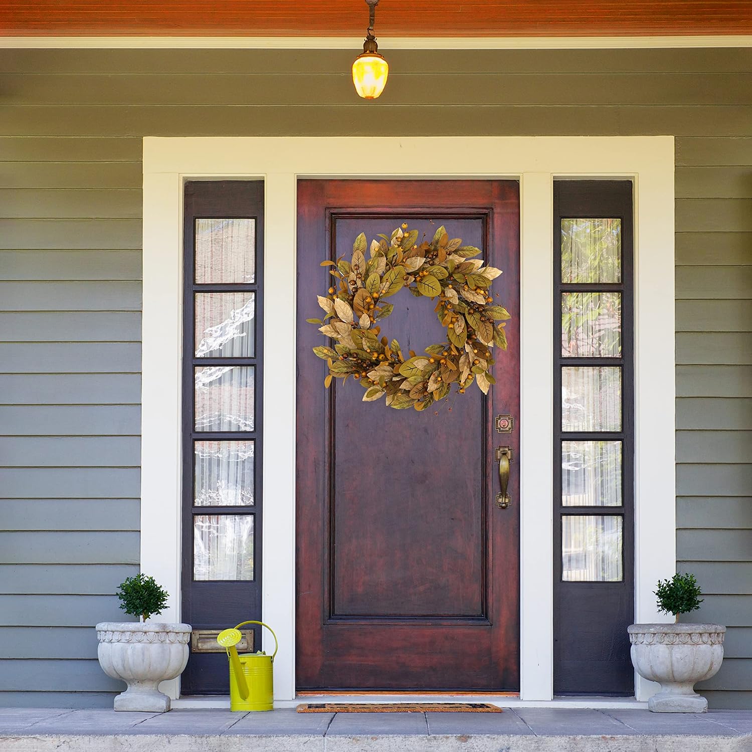 20 Inch Fall Wreath with Brown Magnolia Leaves and Small Pomegranates