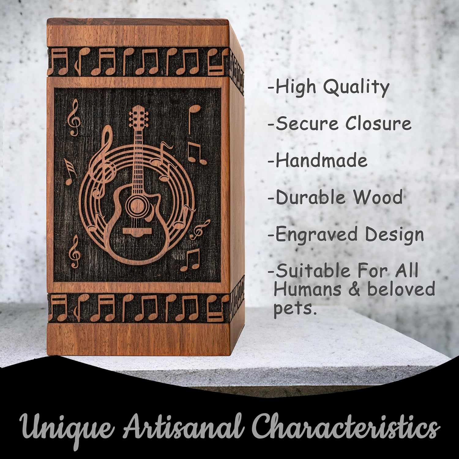 Handcrafted Wooden Urn for Human Ashes - Black Large Guitar Style