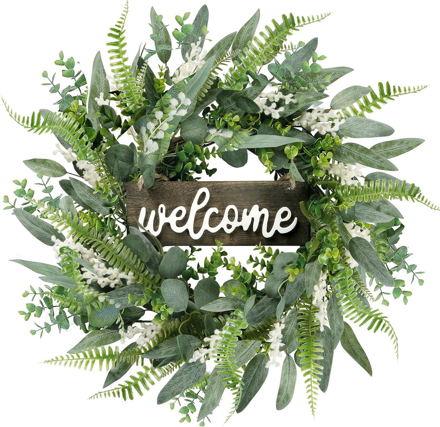 Sggvecsy Green Artificial Wreath with Welcome Sign 20in Decor