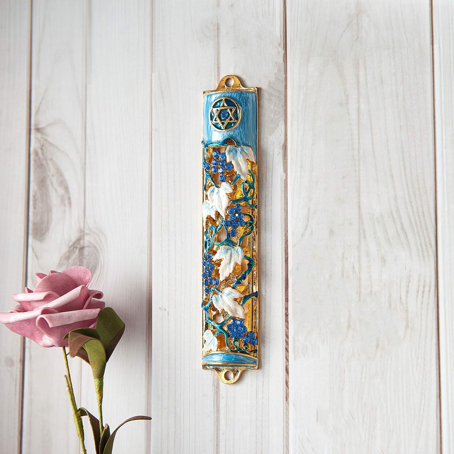 Matashi 6 Inch Hand Painted Mezuzah with Gold and Crystal Accents