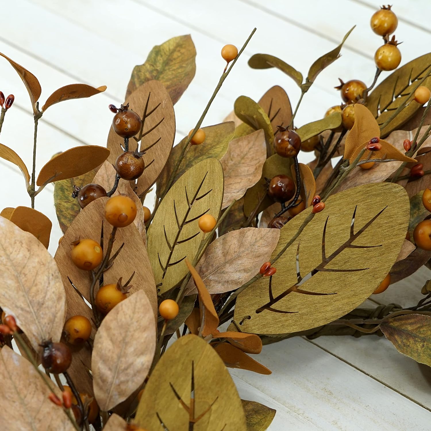 20 Inch Fall Wreath with Brown Magnolia Leaves and Small Pomegranates