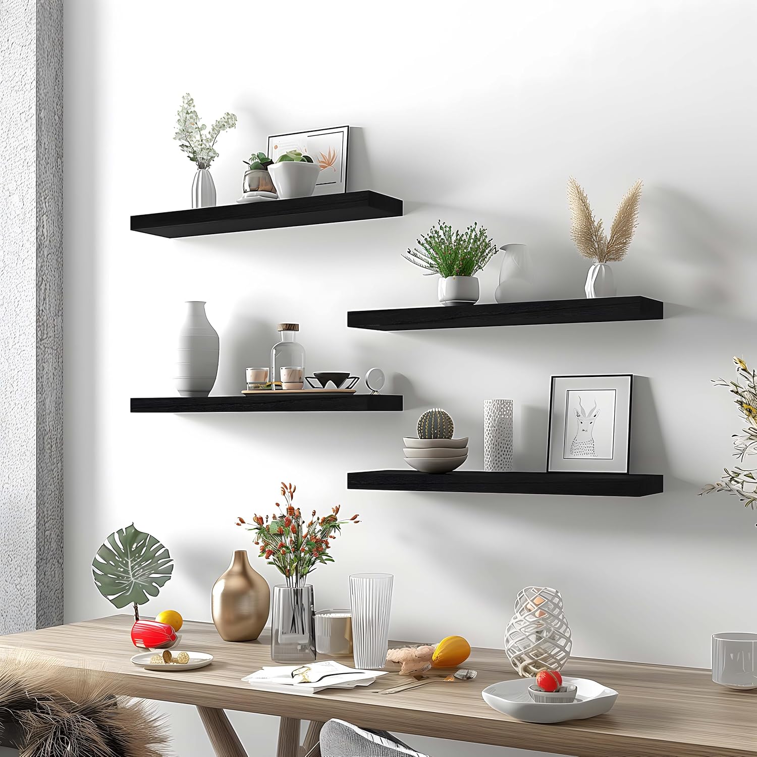 6 Piece Black Wood Floating Shelves for Wall