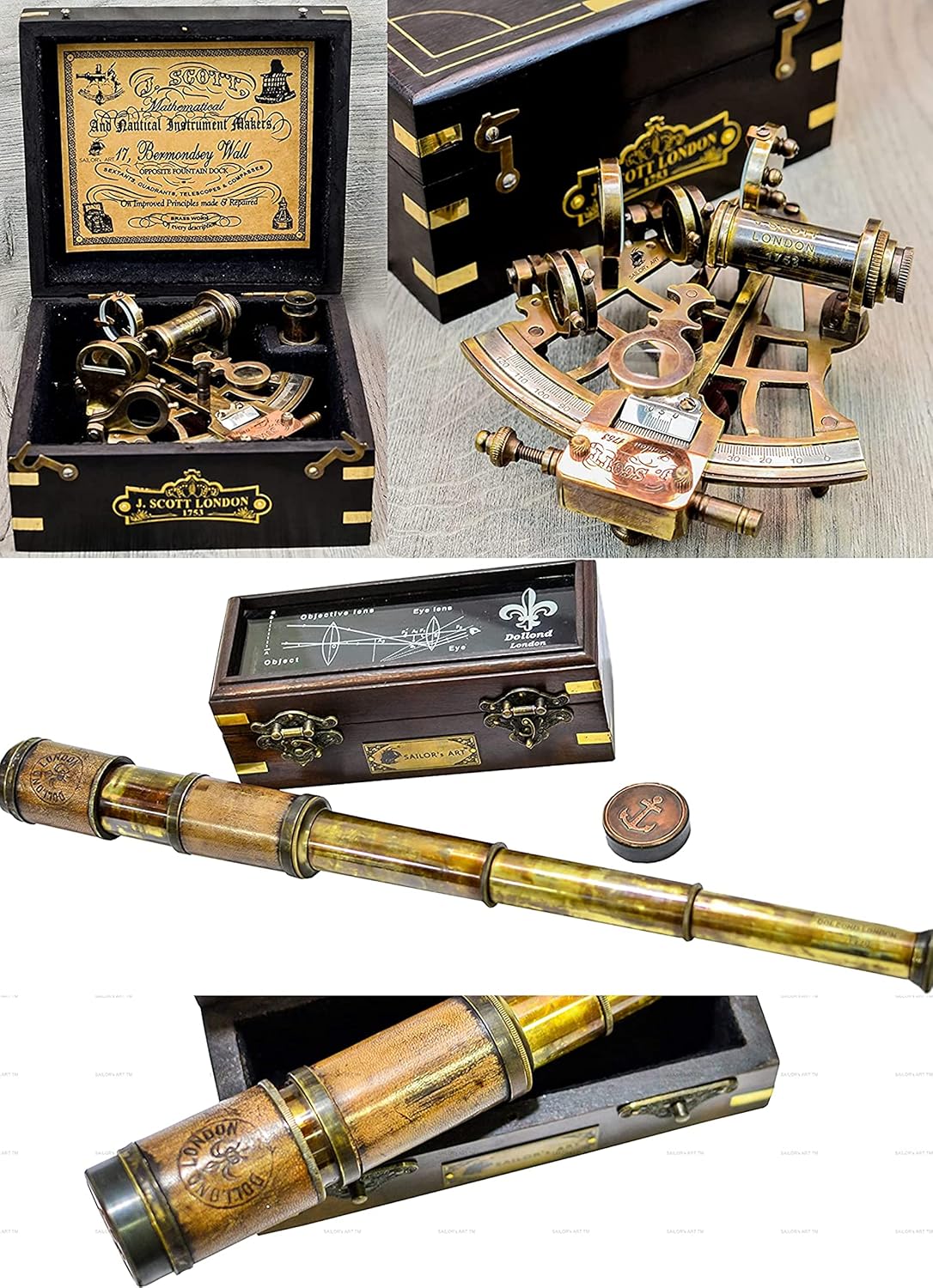 Sailors Art J Scout Nautical Sextant with Brass Telescope and Wooden Box