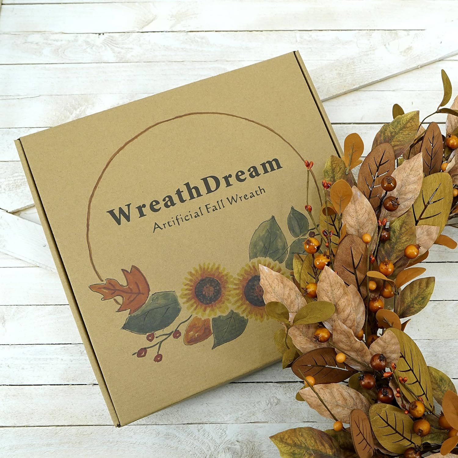 20 Inch Fall Wreath with Brown Magnolia Leaves and Small Pomegranates