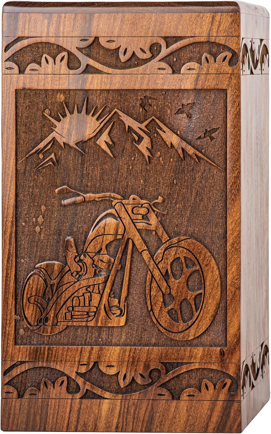 Handcarved Wooden Cremation Urn - Motorcycle Design 640lbs Capacity