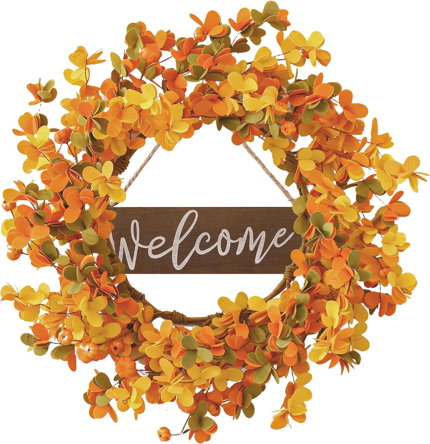 VioletEverGarden 20 Inch Fall Wreath with Welcome Sign and Pumpkins