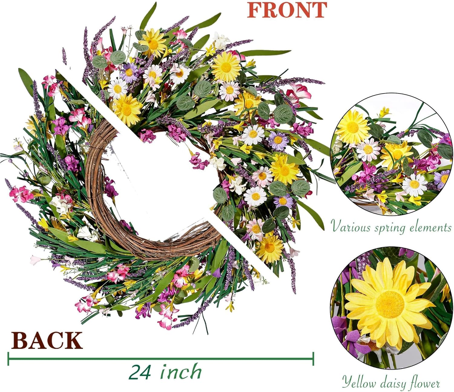 Sggvecsy 22 Inch Daisy Lavender Wreath Decor