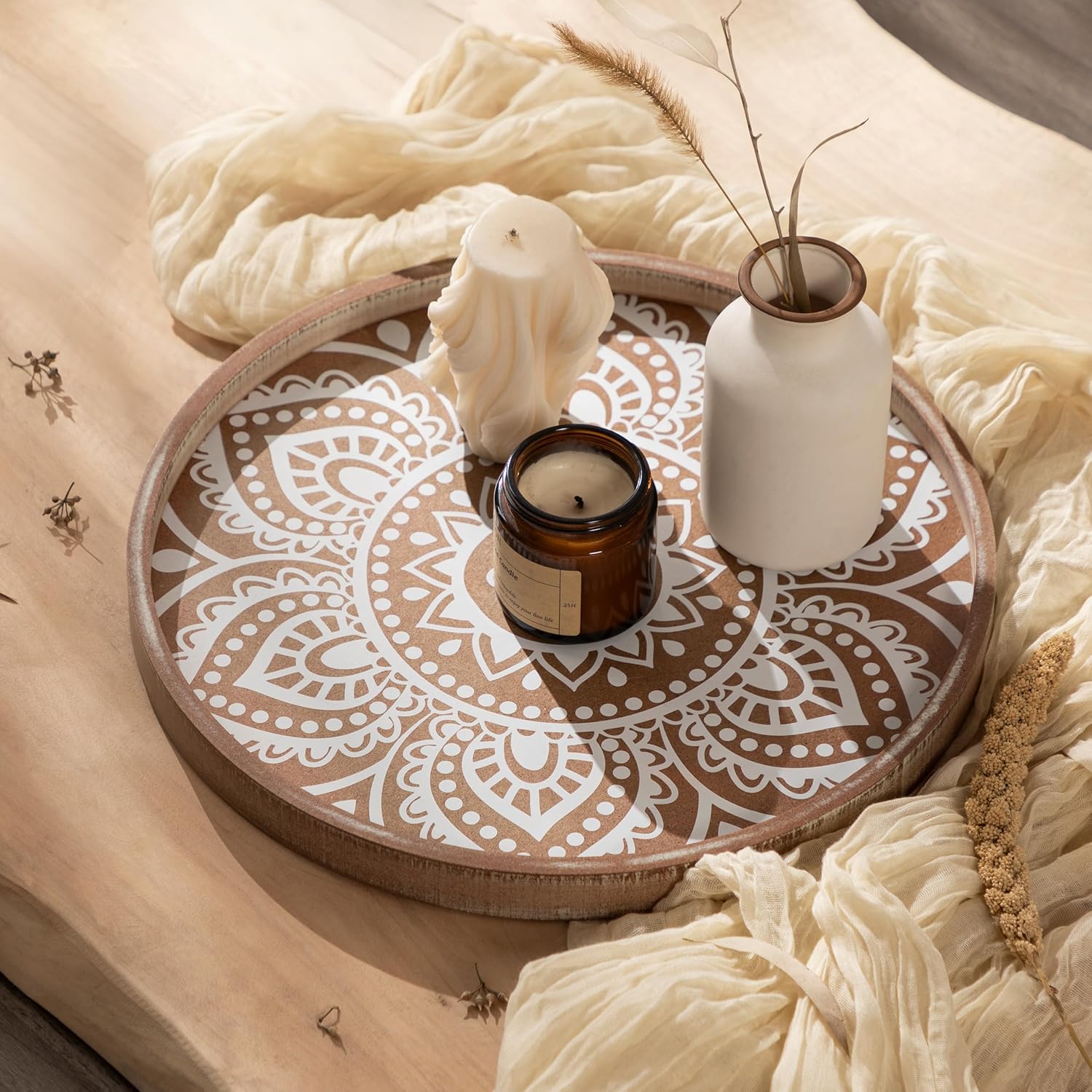 13 Inch Round Decorative Tray with Wooden Beads Garland