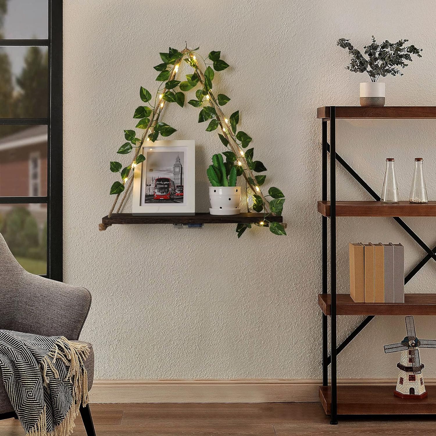 Forest Angle 2-Piece Floating Wall Shelf with Green Leaf Design