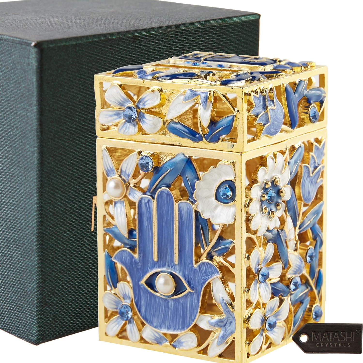 Matashi Hand Painted Enamel Tzedakah Box with Crystals and Gold Accents