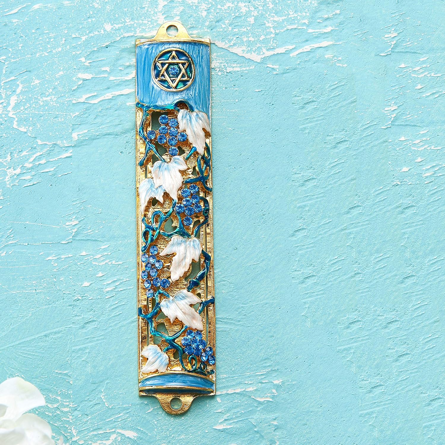 Matashi 6 Inch Hand Painted Mezuzah with Gold and Crystal Accents